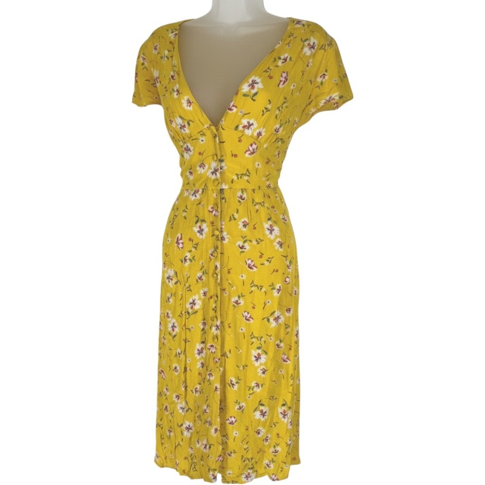 Yellow Floral Button Front Rayon Boho V Neck Midi Sund Dress Womens Large Pin Up